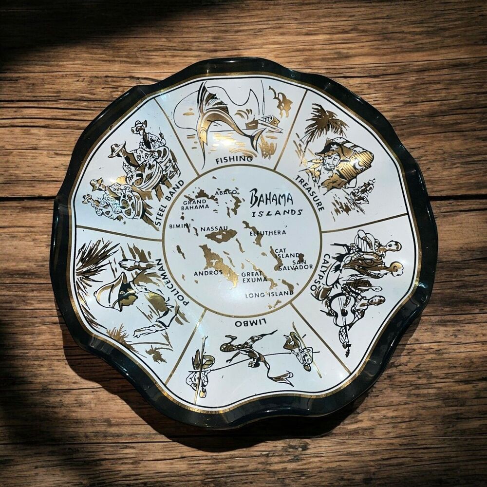 Vintage Bahamas Black/Gold Glass Tray Trinket Change Dish Ruffled Edge 7"